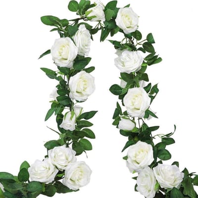 OmGoods - Dailygoody - Kunstmatige Rozen Bloemenslinger - Decoratie voor Bruiloft - 2 Stuks - Zijde Bloemen - Ideaal voor Thuis - Witte Roos