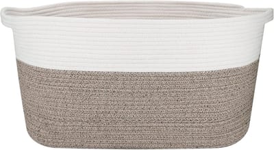 SnelShoppen - Extra Large Woven Cotton Rope Storage Basket 57x38x30cm voor Was, Speelgoed, Kleding - Duurzaam, Wit en Khaki, Ideaal voor Woonkamer en