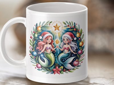 Mok Kerst Zeemeerminnen, Feestelijke mok, Vakantie mok, Cute zeemeerminnen, Kerstdecoratie, Cadeau voor haar, Kerstmok, Grafische mok