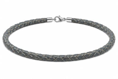 AuBor ®. Gevlochten leren ketting met zilveren sluiting. Grijs. 4mm × 40cm