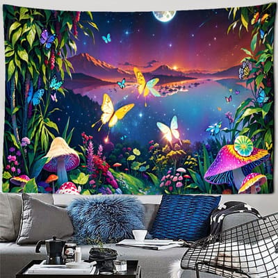 Psychedelische Vlinderbos Wandkleed Abstracte Paddenstoel Minimalistisch Hekserij Hippie Slaapkamer Huisdecoratie 150x100CM