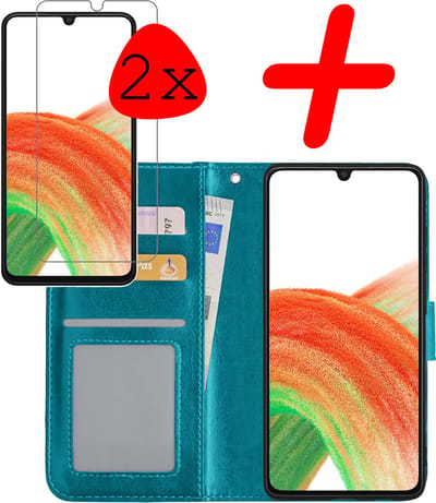 Hoesje Met 2x Screenprotector - Geschikt voor Samsung Galaxy A33 - Luxe Pasjeshouder - Bookcase Portemonee - Flip Case - Kunstleer Book Case - Flipcase Hoes - Book Cover - Walletcase - Portemonneehoes - Turquoise