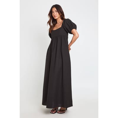 boohoo Dames Linnen Pofmouw Gesmockte Maxi Jurk | Zwart | Maat: 36