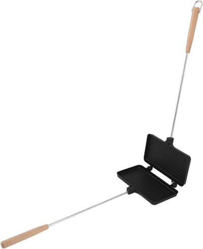 Sandwichmaker - Broodrooster pan - Tosti's maken - Lange houten handgreep - Draagbaar - Zwart