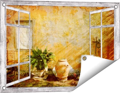 Gards Tuinposter Doorkijk Oude Stenen Muur - 60x40 cm - Tuindoek - Tuindecoratie - Wanddecoratie buiten - Tuinschilderij