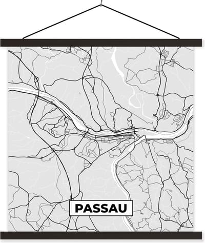 Posterhanger incl. Poster 60x60 cm - Schoolplaat - Passau - Kaart - Stadskaart - Plattegrond - Duitsland - Textielposter - Zwarte latten - Stadskaart
