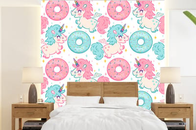Behang - Fotobehang Eenhoorn - Donut - Baby - Breedte 220 cm x hoogte 240 cm