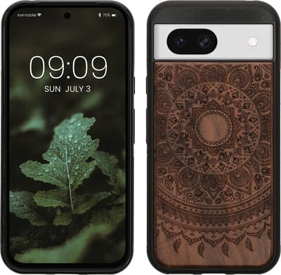 kwmobile telefoonhoesje geschikt voorGoogle Pixel 8a - Hoesje met bumper - hout - In donkerbruin Indian Sun design