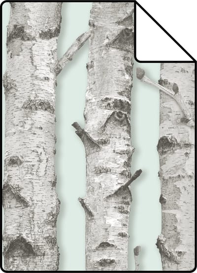 Proefstaal ESTAhome behang berken boomstammen mintgroen en warm grijs - 26.5 x 21 cm - 138890-S
