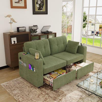 MODFU 2-Zitsbank - Met Opberglades En USB-Aansluitingen - Scandinavisch - Voor Woonkamer En Leeshoek - Chenille - Olijfgroen