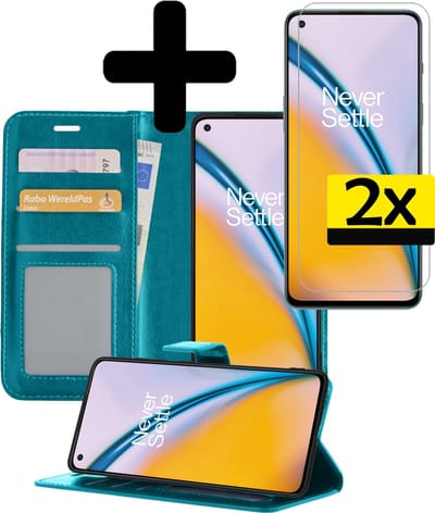 Hoesje - Met 2x Screenprotector - Geschikt voor OnePlus Nord 2 - Luxe Pasjeshouder - Bookcase Portemonee - Flip Case - Kunstleer Book Case - Flipcase Hoes - Book Cover - Walletcase - Portemonneehoes - Telefoonhoesjes - Turquoise