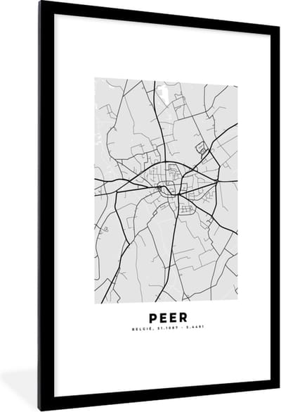Fotolijst incl. Poster Zwart Wit- België – Peer – Stadskaart – Kaart – Zwart Wit – Plattegrond - 80x120 cm - Posterlijst