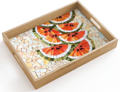 Dienblad hout 40x30 cm - Schootdienblad - Mozaïek - Watermeloen - Rood - Pitten - Borrelplank rechthoek - Plateau dienbladen