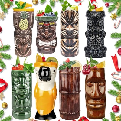 Set van 8 Keramische Tiki Mokken voor Exotische Cocktails - Hawaïaans Thema Party Drinkglazen