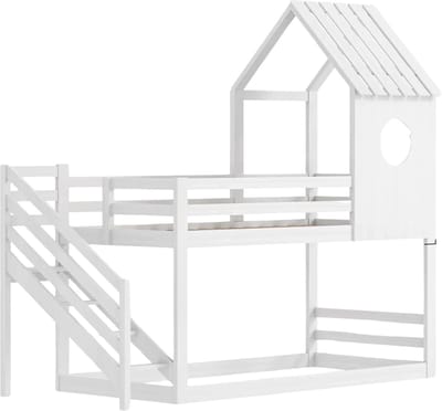 Stapelbed 200 x 90 cm - Voor Kinderen - 2 kinderbedden - Hoogslaper - Met Hoektrap, valbeveiliging en raam - Peuterbed