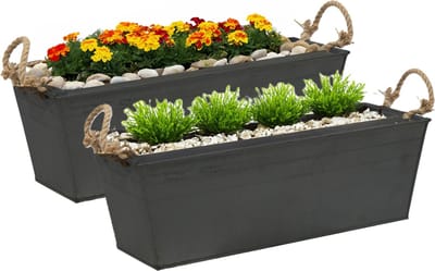 Mega Collections plantenbak/bloembak Recta - 2x - balkon/terras - zink - zwart - L37 x D13 X H10 cm
