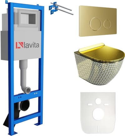 LAVITA LAV 101 Toiletset - 40cm Breed - Wandcloset SOFI GOLDEN NEVER DIE - Randloos - Gouden Bedieningsplaat