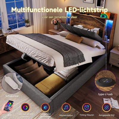 VVBV Gestoffeerd Opbergbed 90x200 cm - Opbergruimte, LED-Verlichting, App-bediening, USB-C - Linnen Grijs - Zonder Matras
