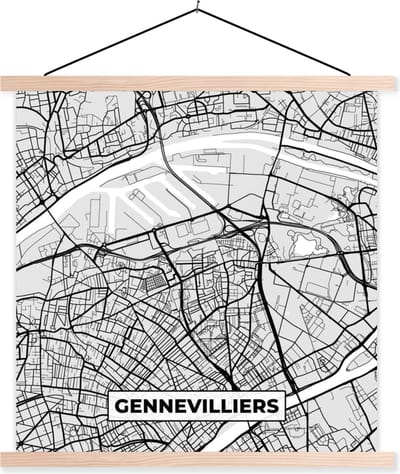 Posterhanger incl. Poster 40x40 cm - Schoolplaat - Plattegrond - Kaart - Stadskaart - Frankrijk - Gennevilliers - Textielposter - Blanke latten - Stadskaart