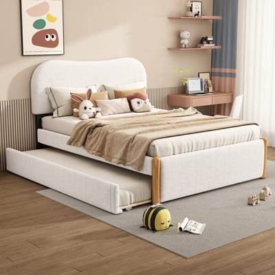 Wishdor Gestoffeerd Bed 140x200 cm - Met Uitschuifbed - Minimalistisch Design - Strak & Flexibel - Pluche & MDF - Wit