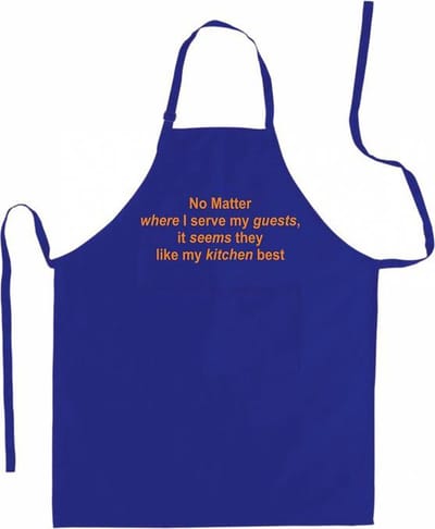 Kwaliteits Keukenschort bedrukt - Serve My Guests - Blauw - Oranje