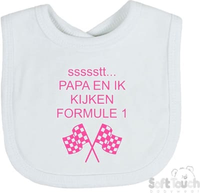 Soft Touch Slabber Slabbetje Slab "Papa en ik kijken Formule 1" Formule 1 33 x 22 Cm Katoen Wit/roze