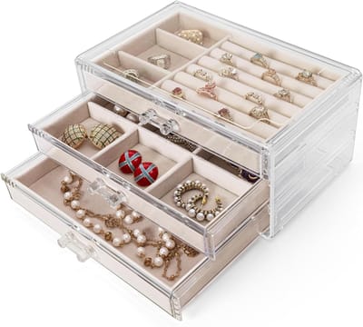 Transparante Acryl Sieradenbox met 3 Lades - Luxe Velvet Opbergdoos voor Ringen, Oorbellen, Horloges, Armbanden en Kettingen in Beige