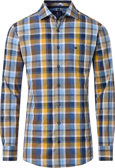 Redmond comfort fit overhemd - dobby - bruin met geel - wit en blauw geruit - Strijkvriendelijk - Boordmaat: 39 - 40