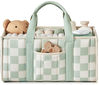 Momy-Babytas-Luxe Luiertasje Zachte Stof – Grote Capaciteit – Afneembare Vakken – Lange Handvatten-Groen dambordpatroon 24*17*8 CM