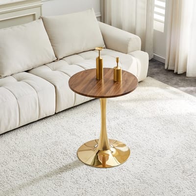 STILVORA Bijzettafel - Rond Mid Century Design - Voor Woonkamer En Leeshoek - MDF En Metaal - 60x72 Cm - Walnoot Goud