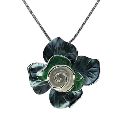 Edelstaal ketting L 45cm met hanger,R-Design 3D Roos met parelmoer bloem en blauwe buitenste bladeren met groene binne bladeren.