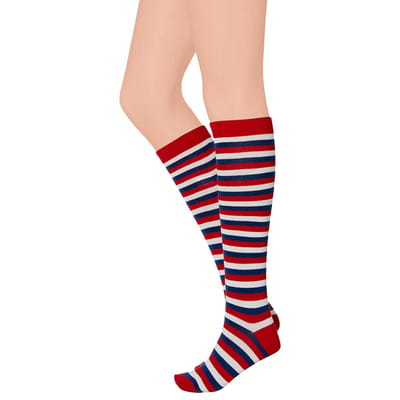 Apollo - Kniekousen met strepen - rood/wit/blauw - Maat 36/41 - Kniekousen dames - Kniekousen carnaval - Kniekousen - Carnaval accessoires - Carnaval - Feestkleding