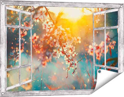 Gards Tuinposter Doorkijk Bloesemboom tijdens Zonsondergang - Bloem - 90x60 cm - Tuindoek - Tuindecoratie - Wanddecoratie buiten - Tuinschilderij