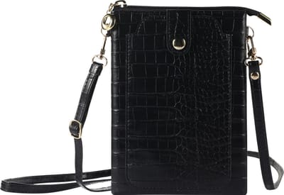 Stravo Kleine Crossbody Mobiele Telefoon Portemonnee voor Vrouwen - Stone 1# - Zwart - Schoudertas met Kaartvakken, Meisjes Steen Getextureerde Echte Leren Telefoontas met Rits voor iPhone/Samsung/Huawei/Google/etc Telefoon binnen 7 Inch