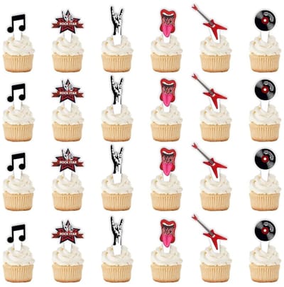 Dailygoods- Cupcake Toppers 24 Stuks - Rock and Roll Taartdecoratie - Muziekfeest Decoratie - Jaren 80 Thema - Kleurrijke Versiering - Karton