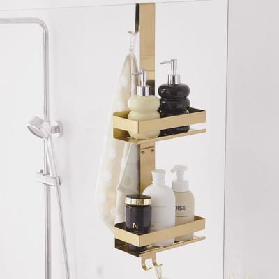 Dailygoods- Doucherek Hangend - 2-Laags Doucherek - Roestvrij Staal - Douche Organizer - Beugel met Haken - Modern Design - Badkameropberger