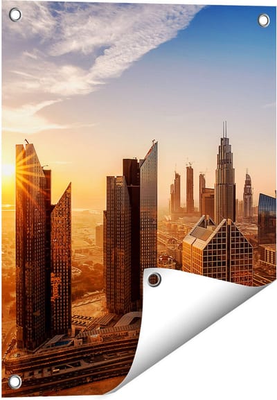 Gards Tuinposter Dubai Stad bij Zonsopgang - 40x50 cm - Tuindoek - Tuindecoratie - Wanddecoratie buiten - Tuinschilderij