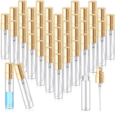 Daity 40 stuks - Mini sprayflesjes - 5 ml transparante glazen parfumflesjes - navulbare parfumverstuivers met fijne nevel - draagbare lege proefverpakkingen - geschikt voor schoonmaakmiddelen - etherische oliën en op reis (gouden dop).