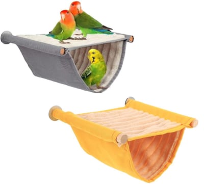 2-delige Papegaaienhangmat - Zachte en warme kooihangmat voor dieren - Winterwarm vogelnestbed - Dubbellaags kooitenthuis - Geschikt voor grasparkieten, valkparkieten, agaporniden, kaketoes, kanaries, hamsters - Grijs, geel