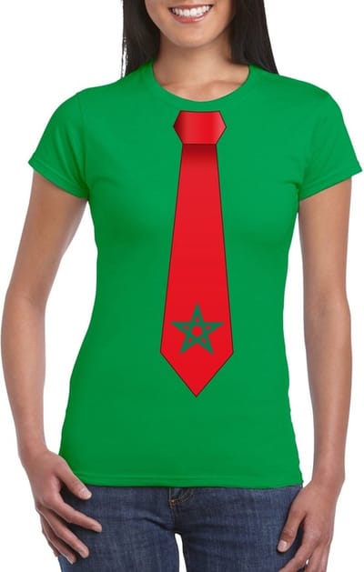 Groen t-shirt met Marokkaanse vlag stropdas dames - Marrokko supporter S