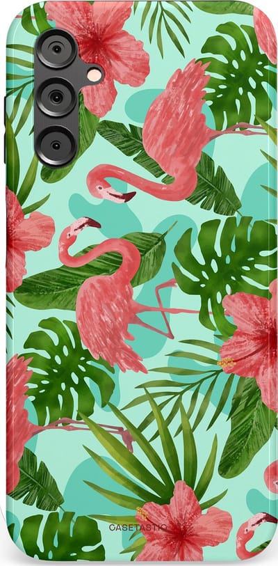 Casetastic hoesje geschikt voor Samsung Galaxy A14 (2023) 5G / Samsung Galaxy A14 (2023) 4G - Dubbellaagse bescherming - Flamingo jungle - Fashion Case - Mintgroen Koraal
