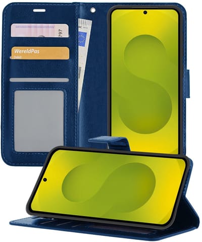 Hoesje - Met Pasjeshouder - Geschikt voor Samsung Galaxy S25 Edge - Luxe Bookcase Portemonee - Flip Case - Kunstleer Book Case - Flipcase - Book Cover - Walletcase - Portemonneehoes - Telefoonhoesjes - Donkerblauw