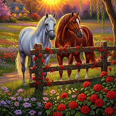diamond painting Paarden geduldig aan hek gebonden mooie kleuren en omgeving 20 x 20 cm