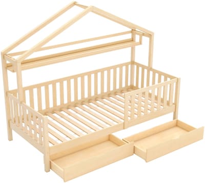 Kinderbed hout - Huisbed 90x200 - Massief houten bed - Grenenhout - Lattenbodem - Opbergruimte - Stevig - Veilig - Kinderkamer - 90x200 cm - 2 lades - Natuur