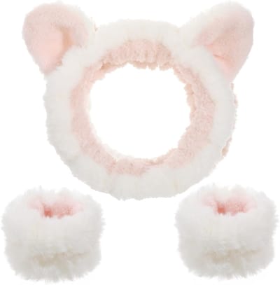 Pluche Kattenoren Haarband voor Make-up en Gezichtsreiniging - Elastische Haarband met Polsband voor Dames en Meisjes - Ideaal voor Douche, Spa en Yoga