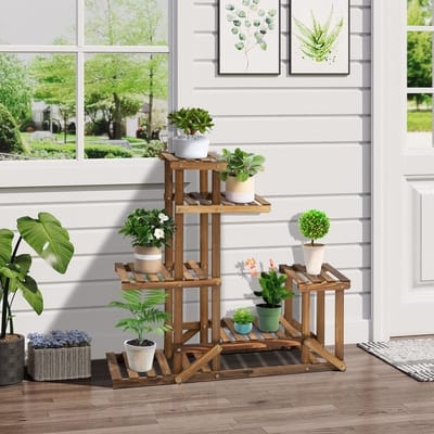 MEUNIQ Plantenrek hout 6 etages 95 x 28 x 96,5 cm verticaal bloemenrek voor binnen en buiten, open plantenstandaard voor woonkamer, balkon, terras en tuin, oranjebruin