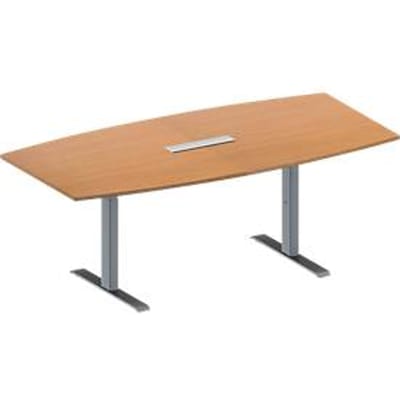 Schäfer Shop Genius Vergadertafel MODENA FLEX, in hoogte verstelbaar, 6-voudige contactdoos, bootvorm, T-poot rechthoekige buis, B 2000 x D 1000/800 mm, beukenpatroon