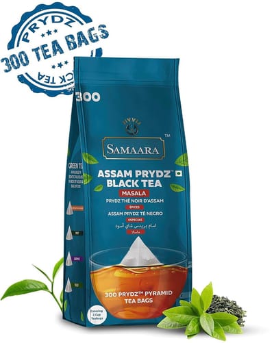 Samaara Masala Prydz Zwarte Thee 870g - 300 Biologisch Afbreekbare Piramide Theezakjes | Authentieke Indiase Masala Kruiden, Rijke en Aromatische Smaak met Kajal Sticker