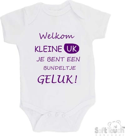 100% katoenen Romper "Welkom kleine uk, je bent een bundeltje geluk" Meisjes Katoen Wit/paars Maat 56/62