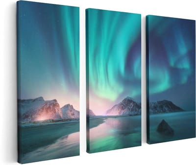 Artaza Canvas Schilderij Drieluik Groene Noorderlicht in Noorwegen - 120x80 - Foto Op Canvas - Canvas Print